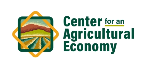 The CAE Logo. A field with mountains in the distance to the left of the words, "Center for Agricultural Economy