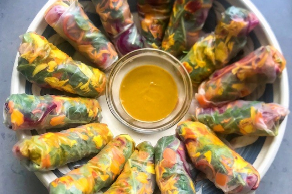 a plate of colorful rice paper rolls surrounding a yellow dipping sauce