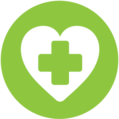 Green circle icon with white heart and green first aid cross symbol to represent health benefits.