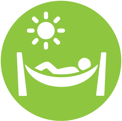 Green circle icon with person lounging in hammock under a sun in white to represent time off. 