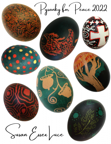 a layout of 8 colorful eggs decorated with wax designs