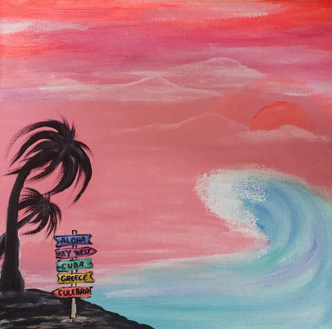 a painting of two palm trees silhouetted against a pink sky with a crashing wave and sign