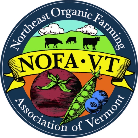 NOFA Loge: A circle with a banner across the middle with the organizations title. Above it is a field with cows, below is a tomato, pea, and two blueberries. 