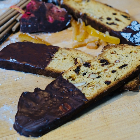 thin slices of stollen dipped in chocolate