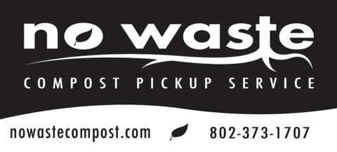 No Waste in white on a black background, with a leaf in the o and the t stretches out to look like a tree. Compost Pickup Service in white beneath that. Below that, there is a webite and phone number in black, separated by a black leaf, on a white background.