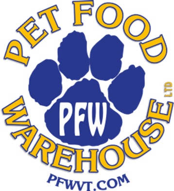 A blue paw with the letters "PFW" on the paw. Encircling this are the words "Pet Food Warehouse" in yellow. At the bottom is the website link in blue.