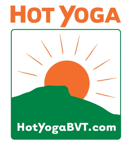 A green mountain shape on the bottom half of the picture, with the words "HotYogaBVT.com" in white over the green. Behind that is an orange sun, in the center. At the very top it says "Hot Yoga" in orange. This is all on a white background.