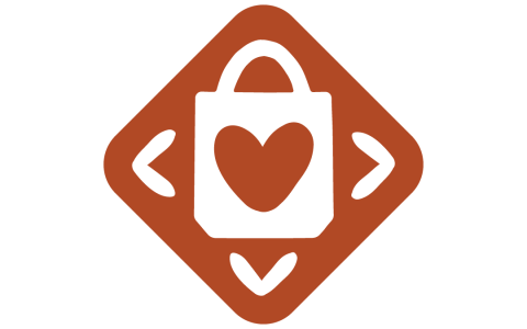 A rust red diamond with a white shopping bag in the middle. To the sides and bottom of the bag, small arrows point outward. The bag has a rust red heart in the middle.