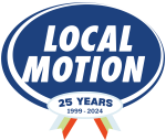A blue logo with a white border and the words "Local Motion" in bold white font. At the bottom of a logo is a ribbon that says "25 years 1999-2024"