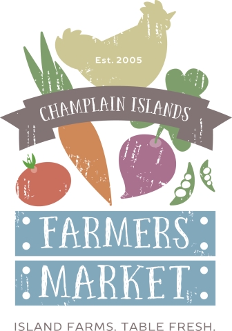 At the top is the shape or a yellow-green chicken. Below the chicken is a tomato, carrot, beet, and two peapods. Across and overlaying the carrot and beet is a brown banner that says "Champlain Islands" in white. In the bottom half of the image are two light blue boxes. The top one has the word Farmers in white, the bottom the word Market in white. At the bottom in black text it says "Island Farms. Table Fresh"