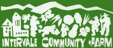 A green background. At the top are white mountain peaks. At the bottom, it says "Intervale Community Farm" in bold white letters. Between the peaks and words are various graphics in white. From left to right: farm buildings, various produce, and two farmers.