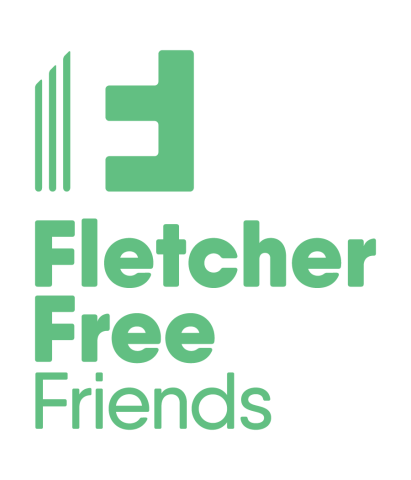 All text in light green. 3 vertical lines, ascending in height from left to right. Next to that is an upside down and flipped "F". Below that is Fletcher in bold, below that is Free in bold, and at the bottom is Friends unbolded