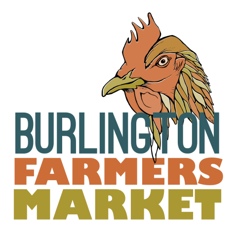 In the top right half is the head of a chicken that is orange and brown with an olive green beak and brown, orange, and olive green feathers. Overlaying the chicken is the word Burlington in teal. Below "Burlington" is "Farmers" bolded in orange, and below "Farmers" is "Market" bolded in olive green.