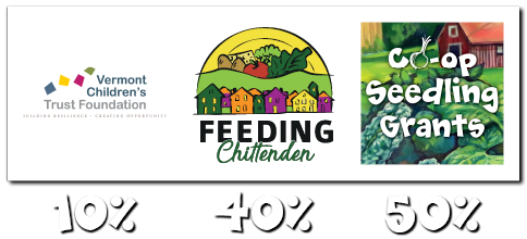 Logos for The Vermont Children’s Trust Foundation, Feeding Chittenden, and Co-op Seedling Grants