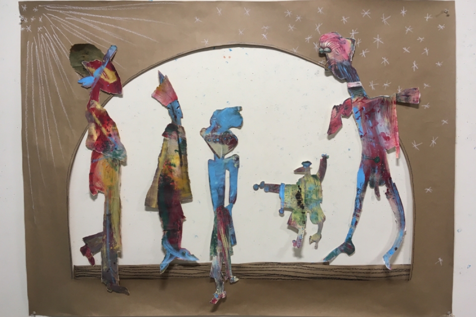 Five flat, abstract humanoid figures stand in front of a brown paper background. The background has a large white semicircle on it with the flat part down. The figures are multicolored. Four are tall and thin, but the second from the right is small and mostly green.
