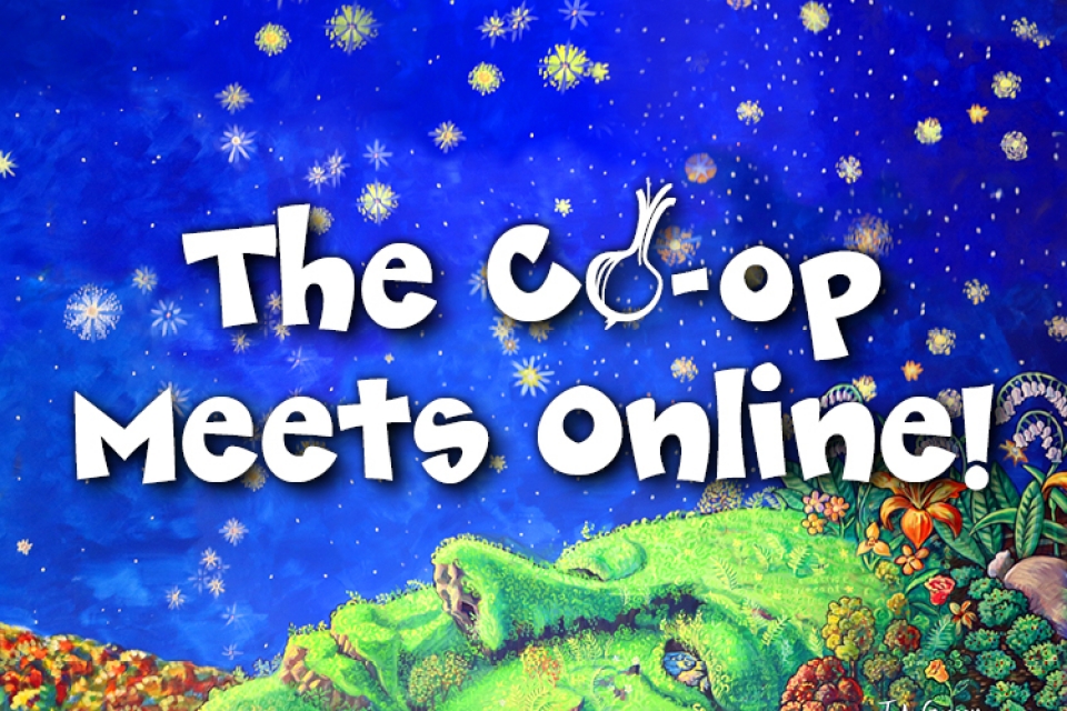 The words "The Co-op Meets Online" are printed in white puffy text on a painted background. The background consists of a woman's face in profile that is in the form of a hillside. Her skin is grass and her hair is a garden patch with vegetables and flowers. She looks up at a dark blue sky dotted with yellow and white abstract stars.