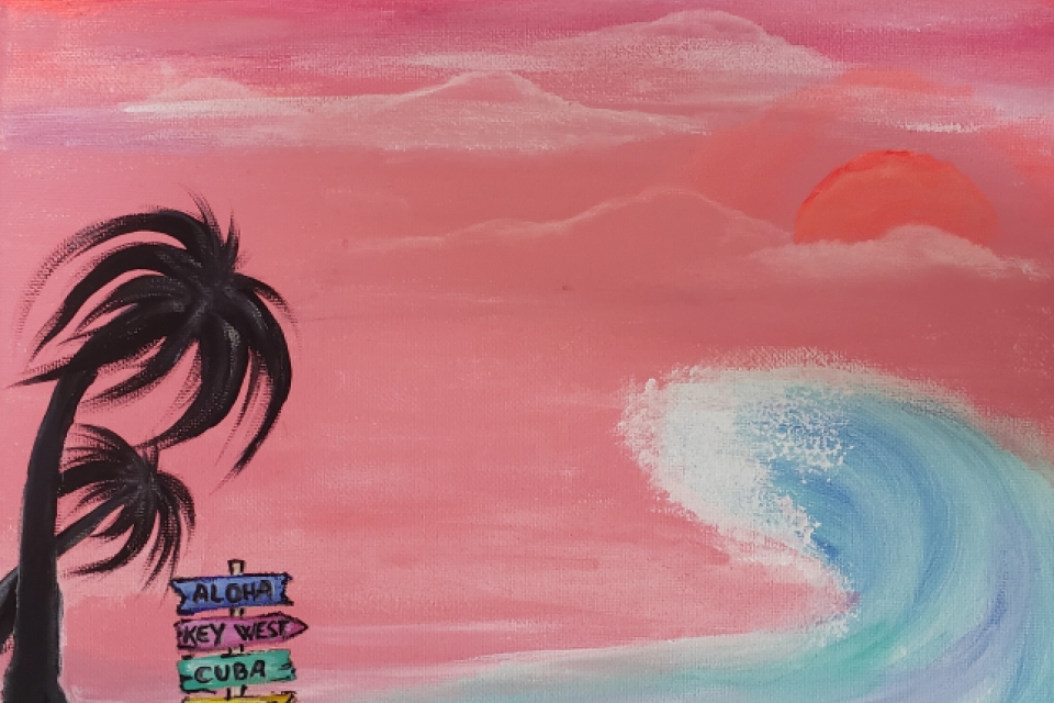 a painting of two palm trees silhouetted against a pink sky with a crashing wave and sign