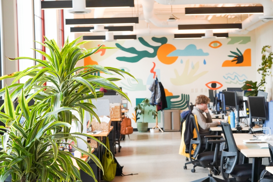 In the front left, a leafy green plant sits inside a bright, airy office space. The back wall of the office has a mural with teal, gold and blue shapes on a while background.