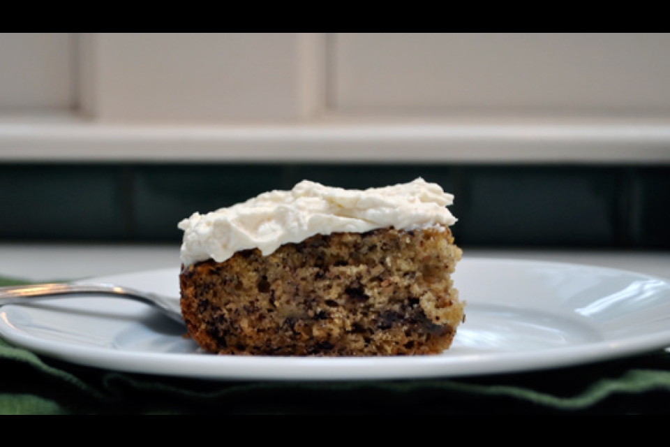 a slice of banana cake viewed from the side