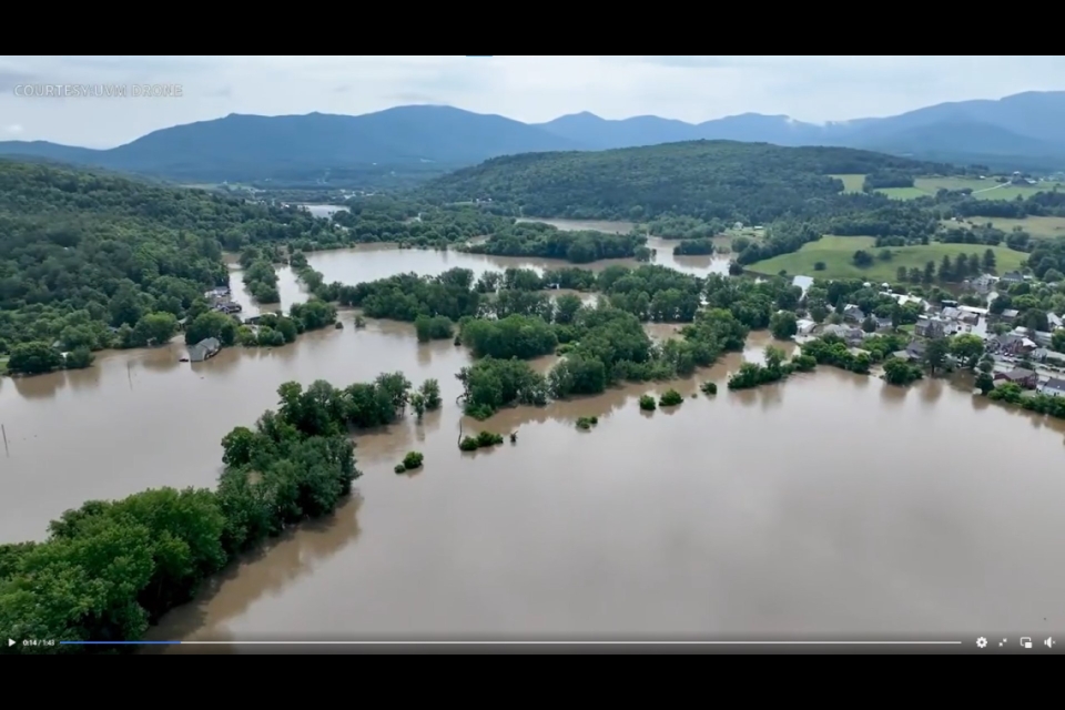 Image taken from drone footage of flooding in Vermont in July of 2023. The footage was taken by UVM drone.