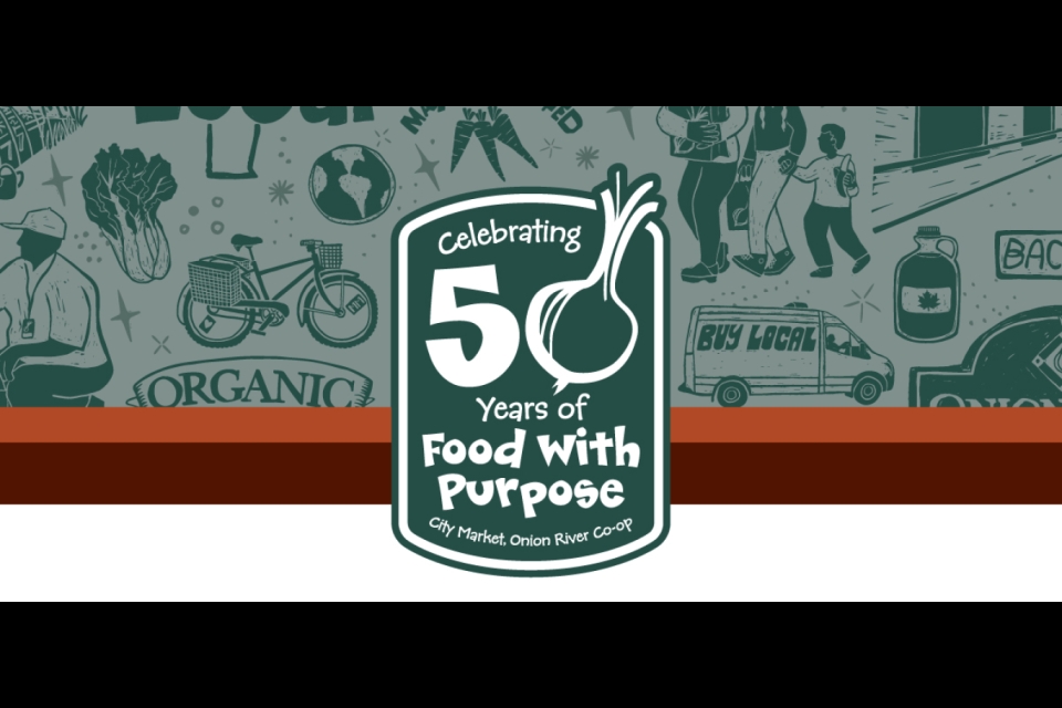 Dark green illustrations adorn a light green background. At the bottom of the drawings there are two thin monochrome bars of rust red and brown. On top of the drawing there is a dark green rectangle with a rounded top and bottom. The words "Celebrating 50 Years of Food with Purpose" are printed in white inside the rectangle. The "0" in the 50 consists of an onion.