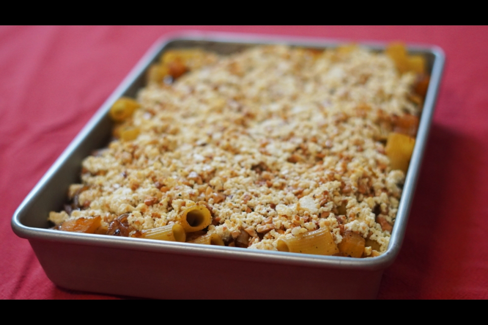 A sideways shot of the rigatoni with pumpkin, caramelized onion, and cashew ricotta. 