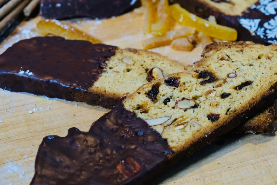 thin slices of stollen dipped in chocolate