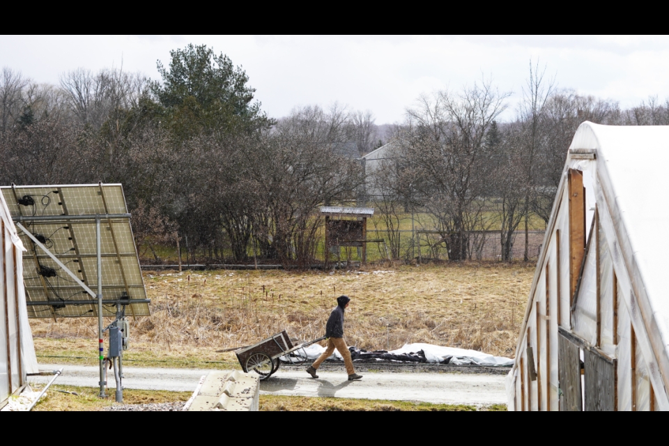 A person pulls a cart along a walking path through a farm. He passes solar panels and a greenhouse. A light snow dusts the field and fills the air.