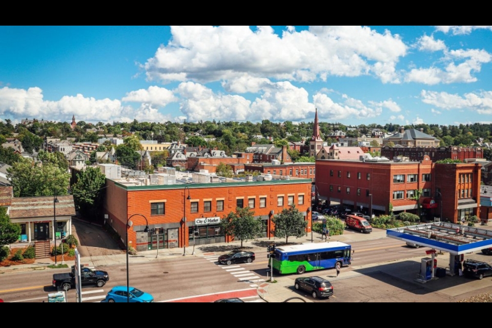 Summer aerial view of City Market's downtown store on a sunny day
