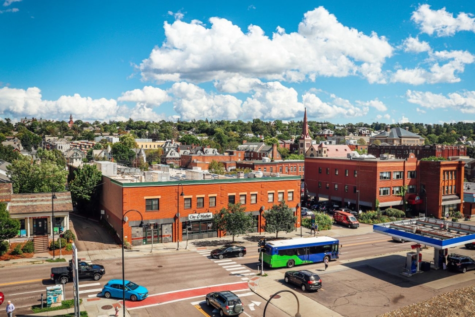 Summer aerial view of City Market's downtown store on a sunny day