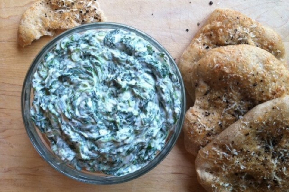 Lightened-Up Spinach Dip with Parmesan Pepper Flatbreads