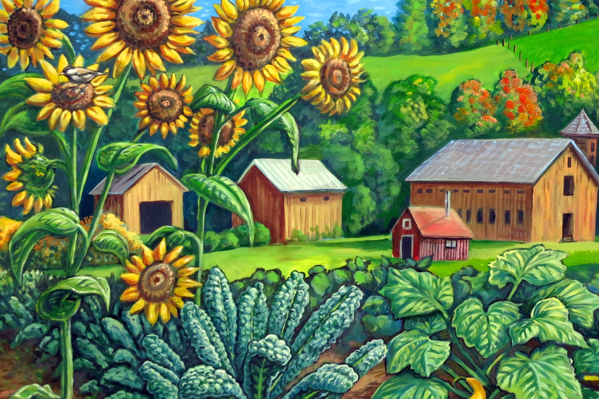 A mural painting depicting a colorful farm field with sunflowers, kale and squash in the foreground and several farm buildings in the background 