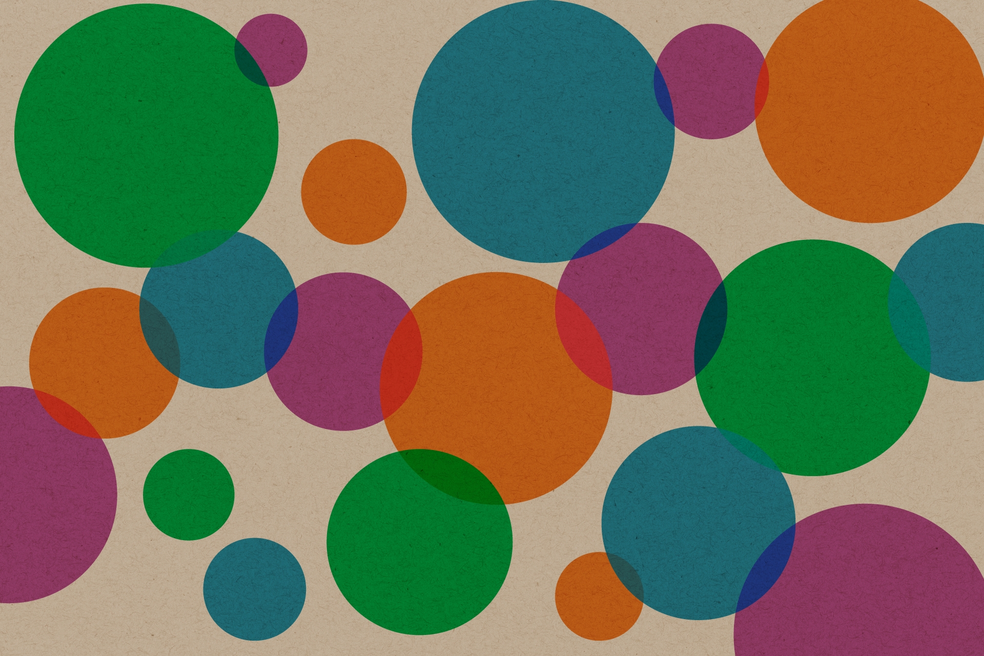 Green, blue, orange and purple circles of various sizes scattered over a brown background.