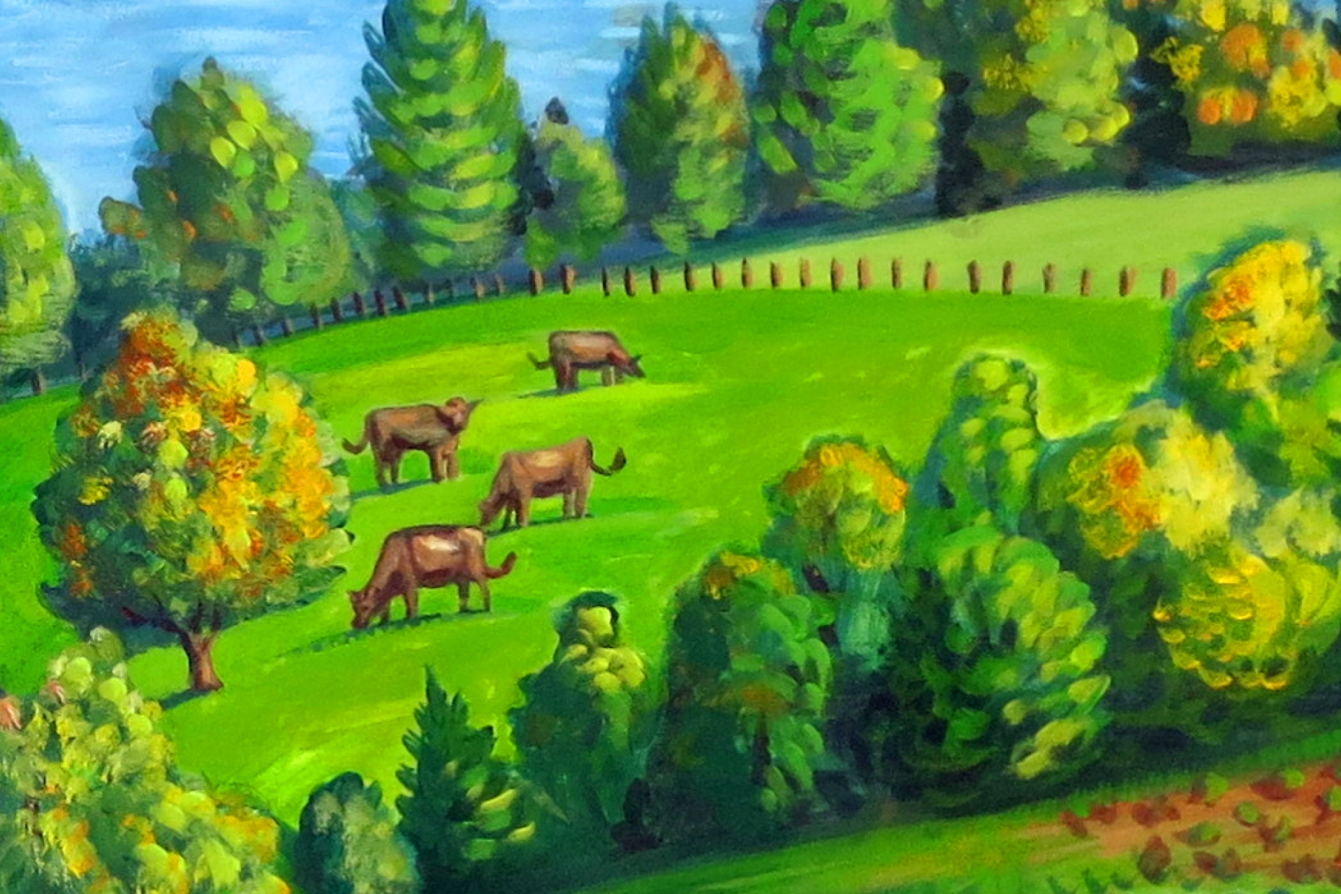 A painting with two rows of puffy, soft trees surrounding a light green field. Four small brown cows are arrayed i the field. There is a brown post fence along the right side of the field. Above the top row of trees there is a smidge of light blue sky. 