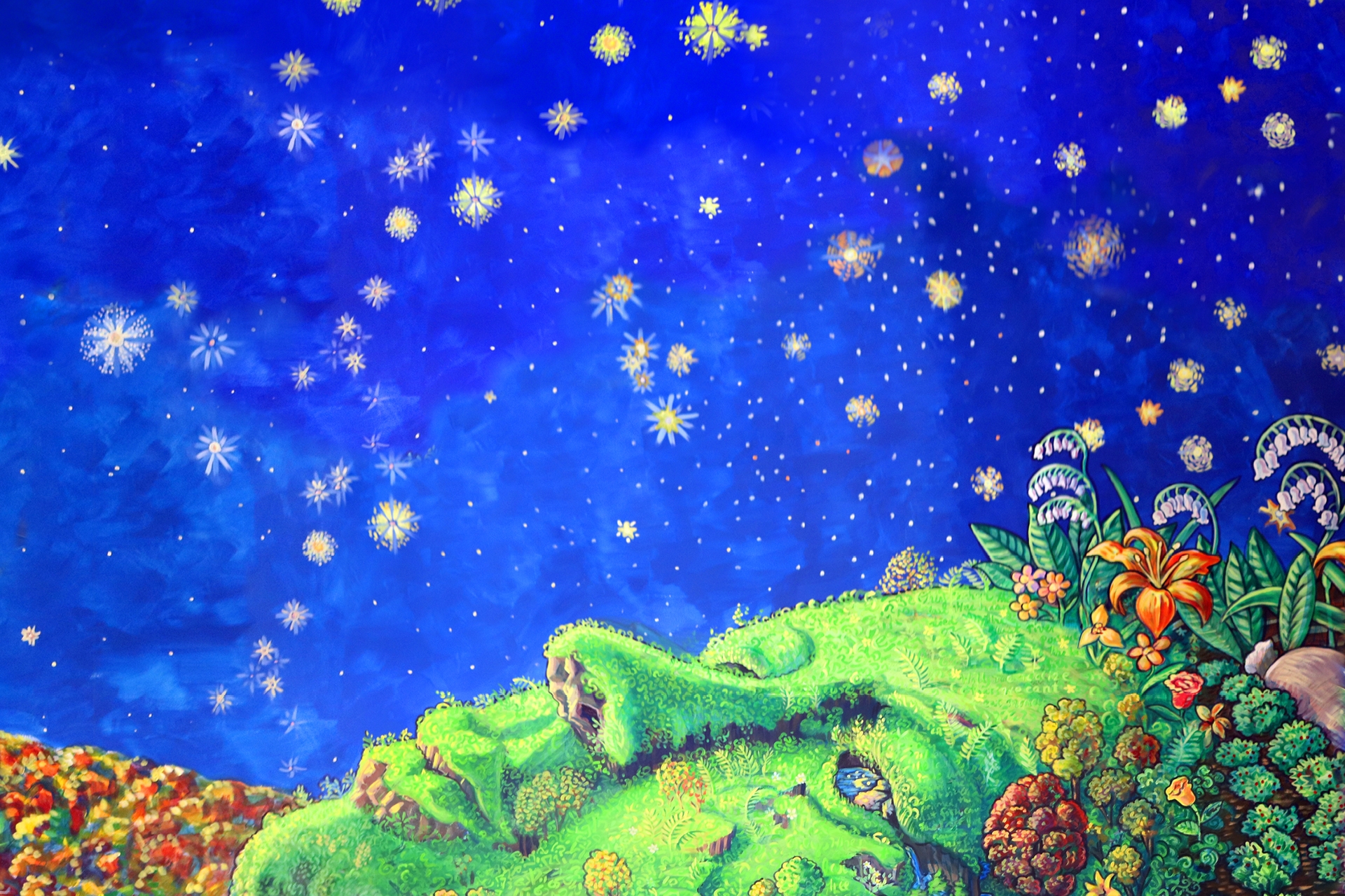 At the bottom of the image, a woman's face in profile that is in the form of a hillside. Her skin is grass and her hair is a garden patch with vegetables and flowers. She looks up at a dark blue sky dotted with yellow and white abstract stars.