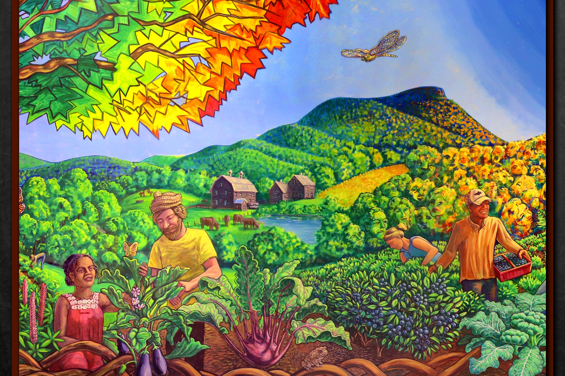 A colorful painting of hilly agricultural land where the scene transitions from summer on the left to fall on the right. In the foreground, several farmers are harvesting crops. Behind them are three farm buildings, cows grazing, and many trees leading from the hills to the top of a tall mountain peak. At the top of the image are tree branches with brightly colored leaves extending from the left, a dragonfly on the right, and a medium blue sky that spans fully across.