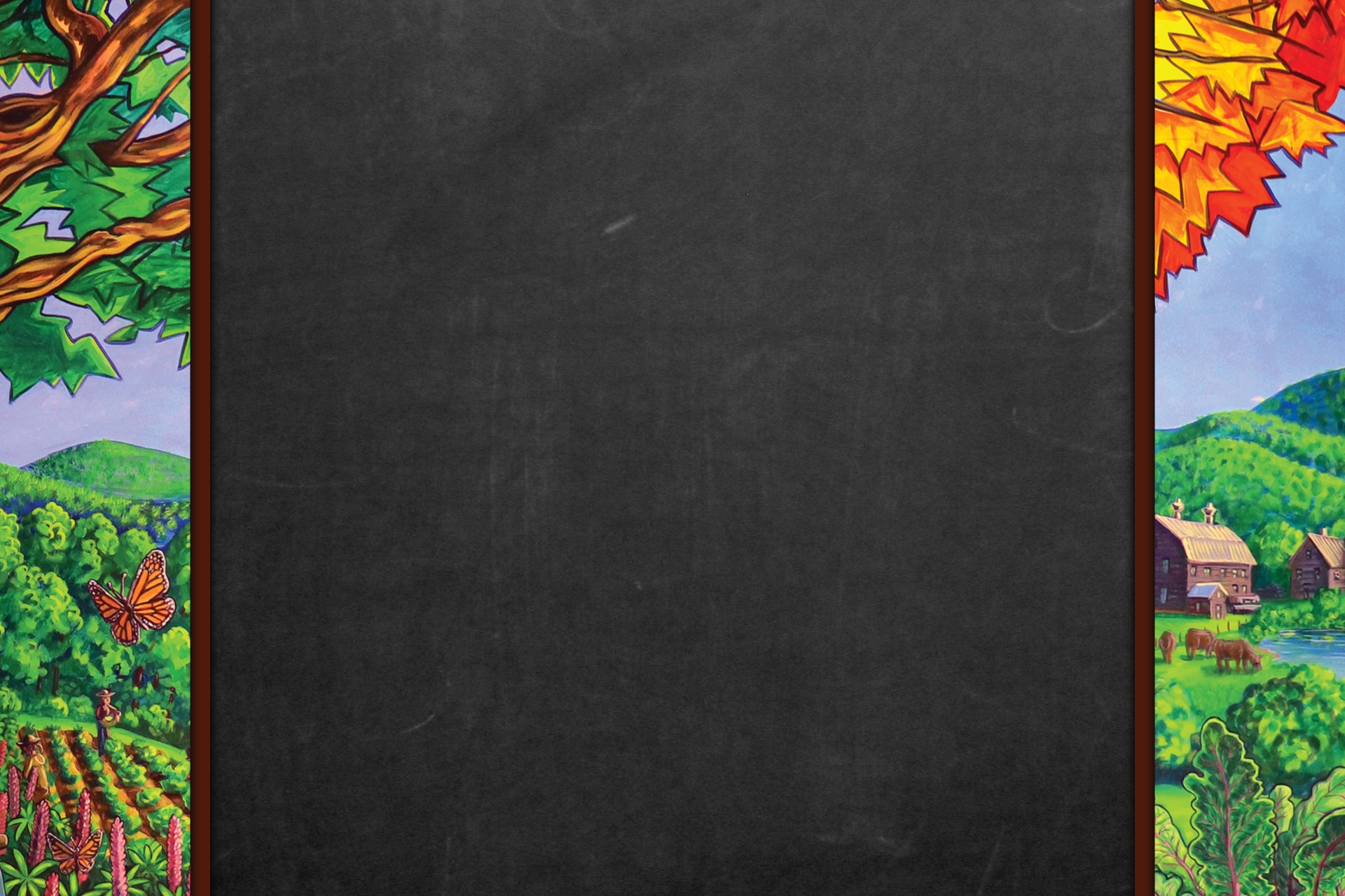 A chalkboard with strips of a mural visible on either side. The mural depicts a tree in fall over a rolling green hillside with barns, fields and cows.