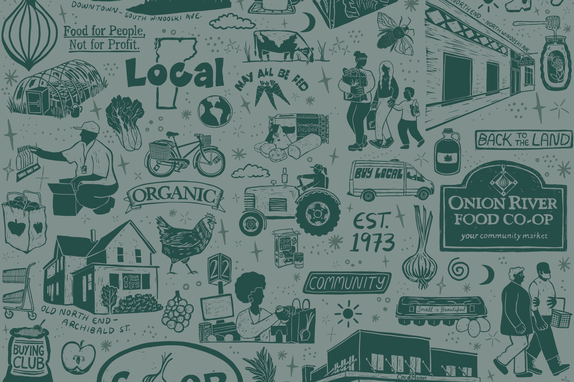 A light green background with dark green illustrations of the Co-op's history and community.