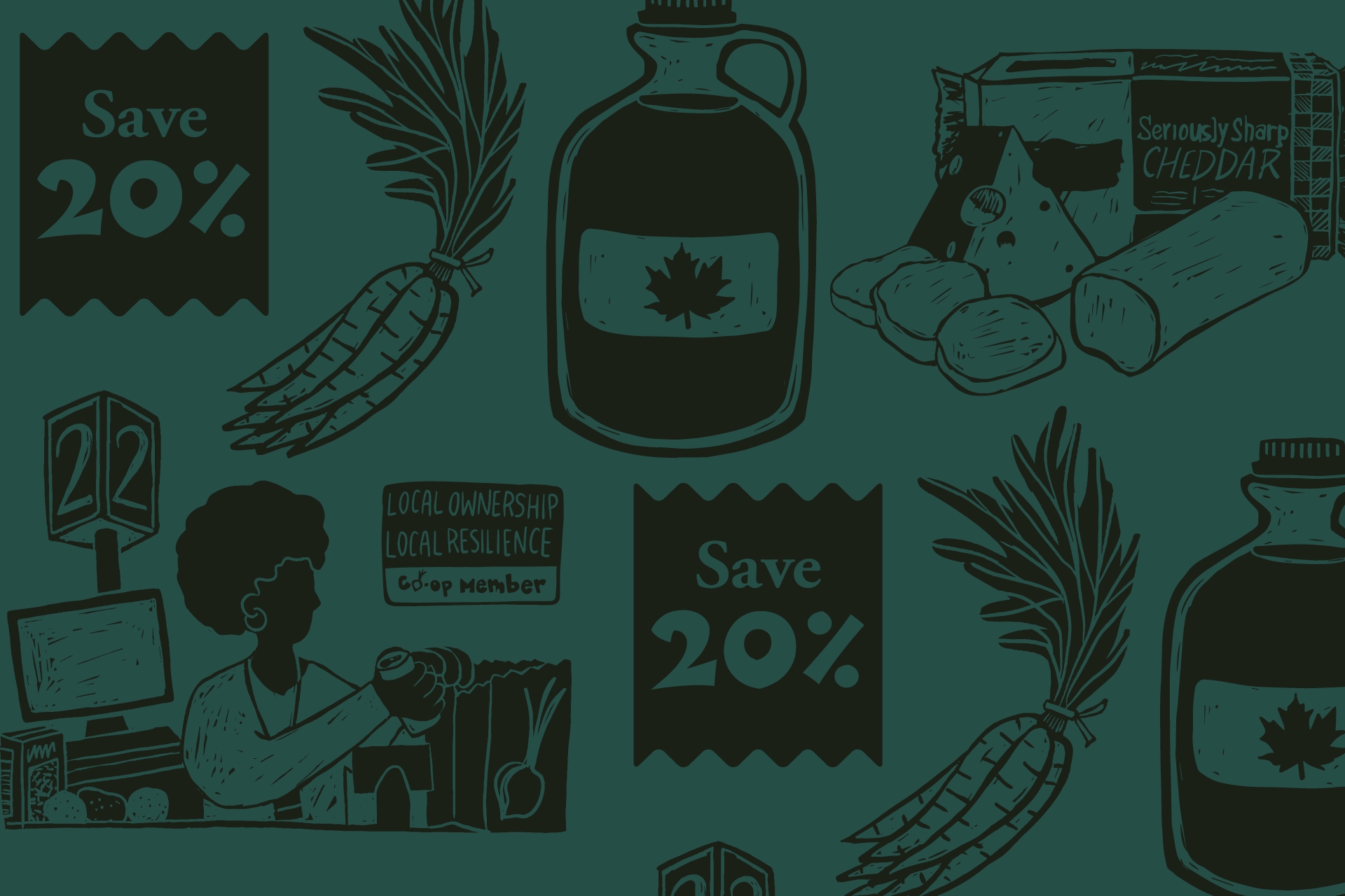 A dark teal field with dark green illustrations depicting grocery and produce items, including maple syrup, carrots and cheese.