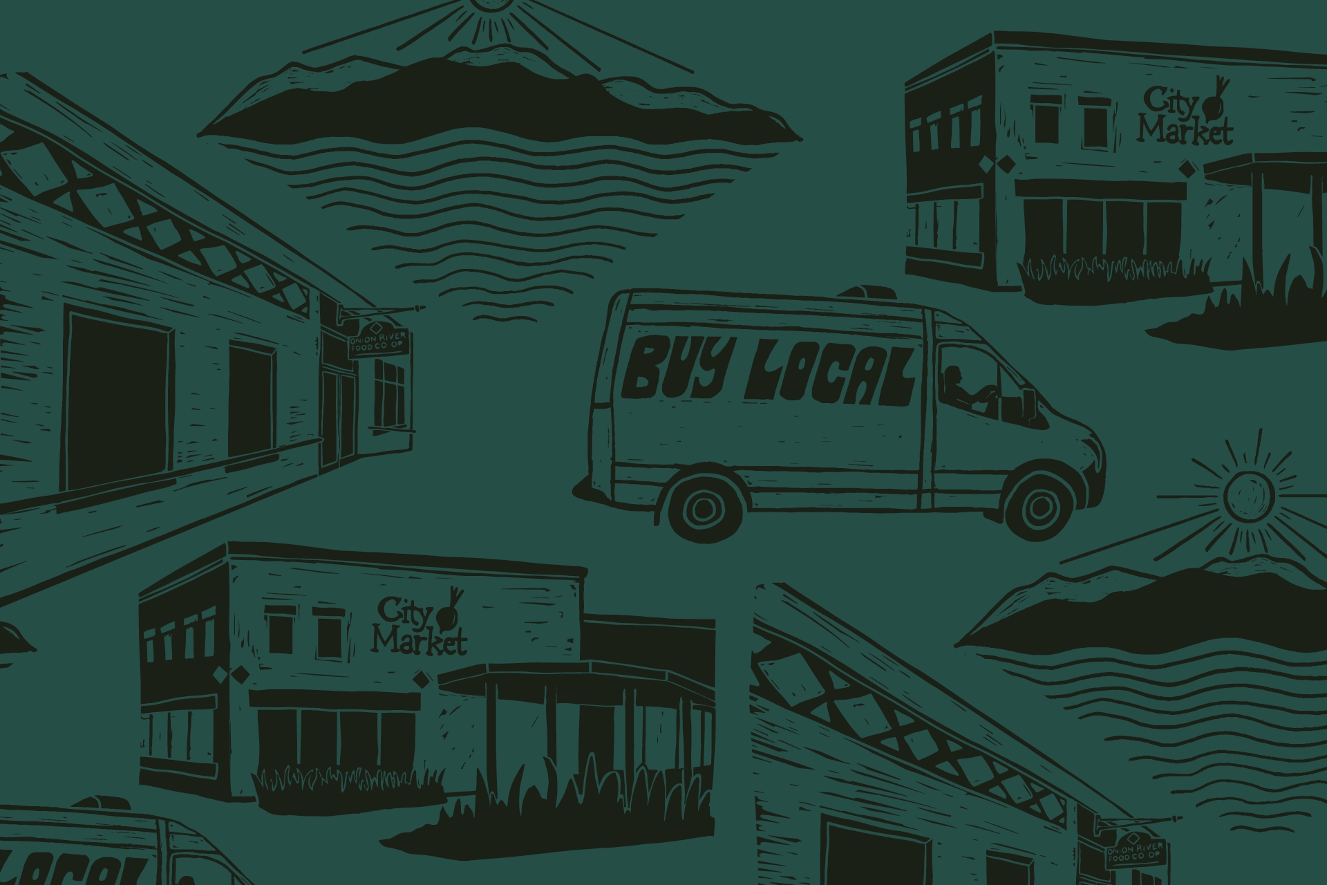 A dark teal field with dark green illustrations depicting the Co-op storefronts through time and a van with "Buy Local" printed on the side.