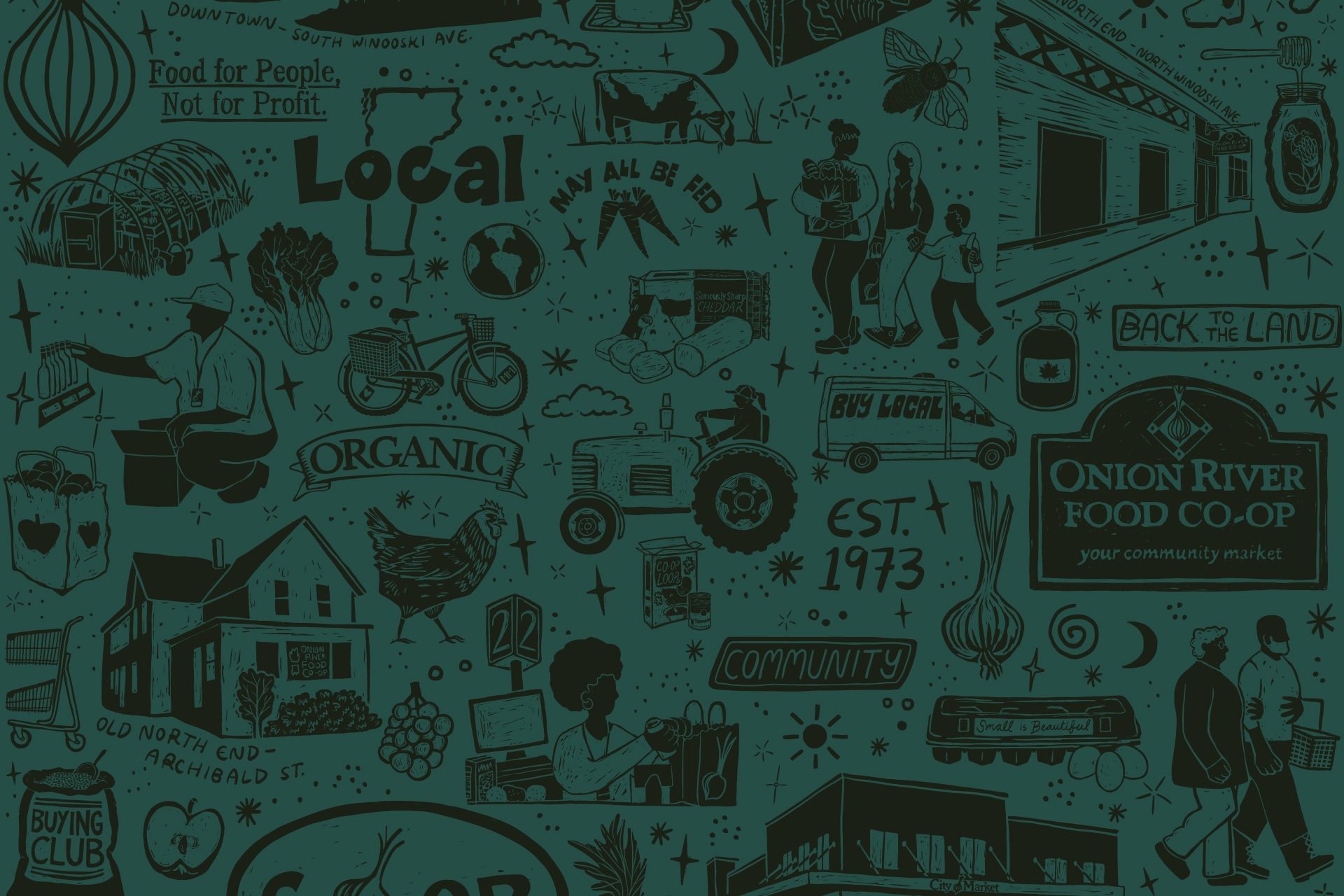 A field of jade green with dark green illustrations featuring City Market, Onion River Co-op's history scattered across it.