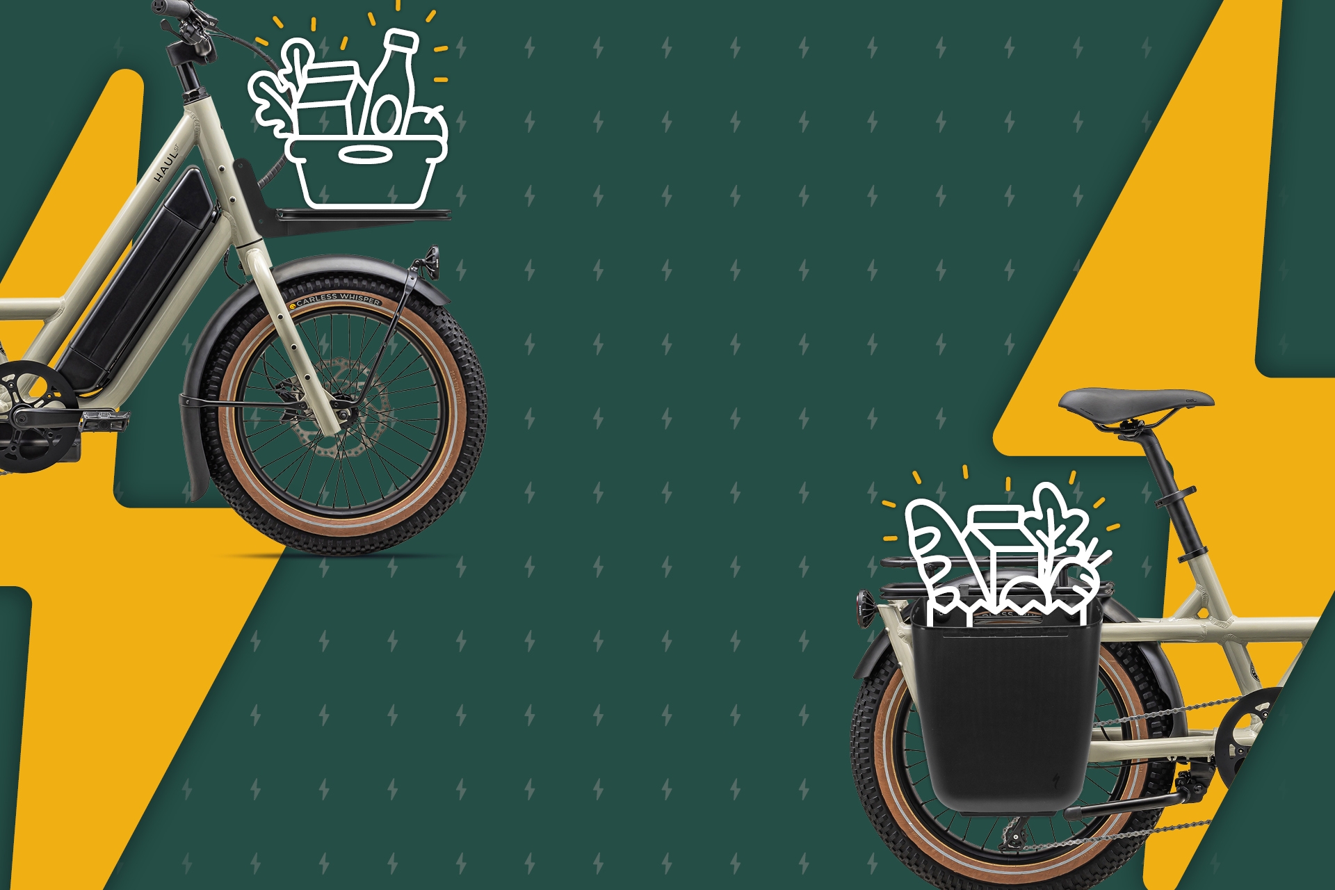A photo of a light gray e-bike superimposed over a deep green background with a golden lightning bolt on it. The e-bike has panniers and a front rack. There are drawings of groceries done in white outlines in both baskets.