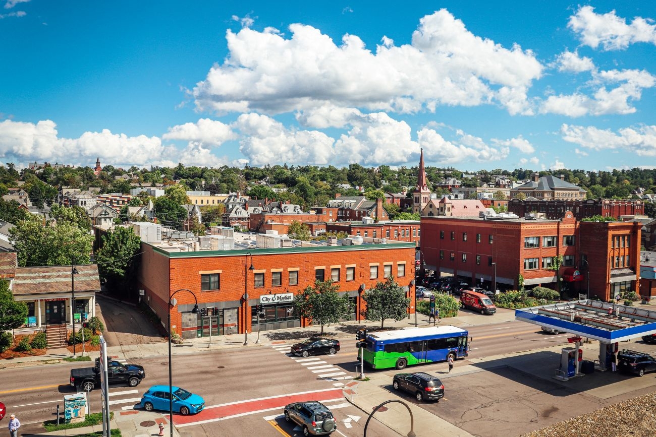 Summer aerial view of City Market's downtown store on a sunny day