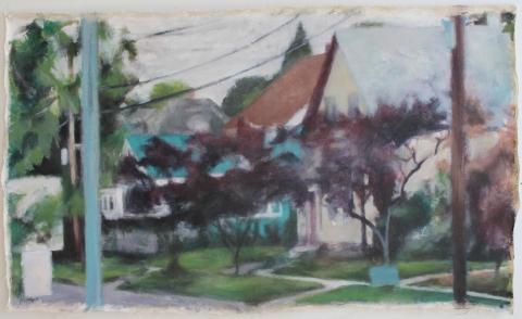 A painting of a street with single family homes along one side. There are burgundy trees in front of the houses. The painting is done in faded colors and a semi abstract style.