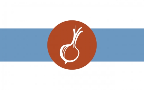 City Market's onion logo in a red circle placed in front of a blue horizontal rectangle.