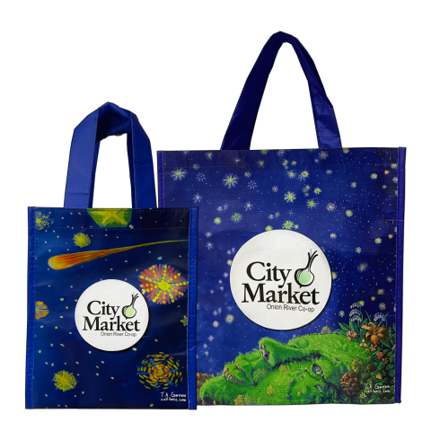 Two reusable tote bags with dark blue space artwork and City Market logos in white circles