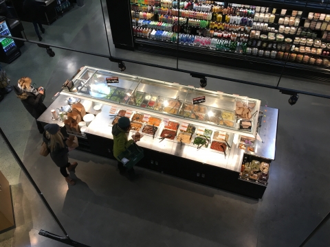 Top down view of a well-lit buffet