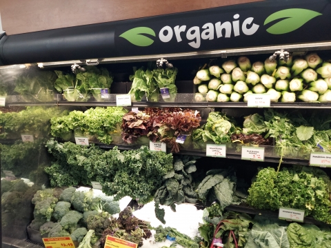 A display of leafy green vegetables. The sign at the top of the display has the word "organic" in between two drawings of green leaves.