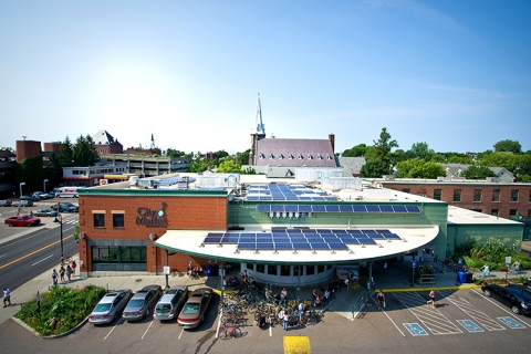 City Market's South End store viewed from above. There are solar panels arrayed on the roof.