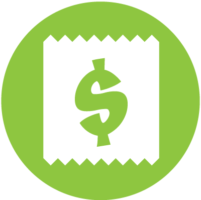 Green circle icon with white square and green dollar symbol to represent discounts.